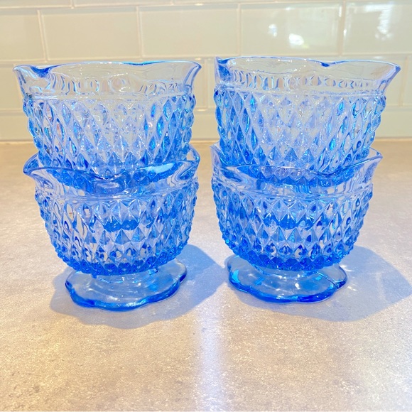 Vintage Diamond Point Ice Blue Indiana Glass Footed Bowl Scalloped set of 4 - Picture 4 of 9